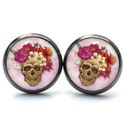 Ohrringe Totenkopf Blumen Rosa Rot - Edelstahl