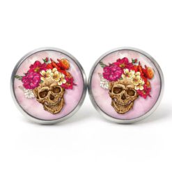 Ohrstecker, Ohrhänger, Clipse & Druckknopf – Motiv Totenkopf mit Blumen Frühling Rosa und Rot – Schmuck aus Edelstahl