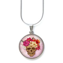 Kette Totenkopf Blumen Rosa Rot - Edelstahl