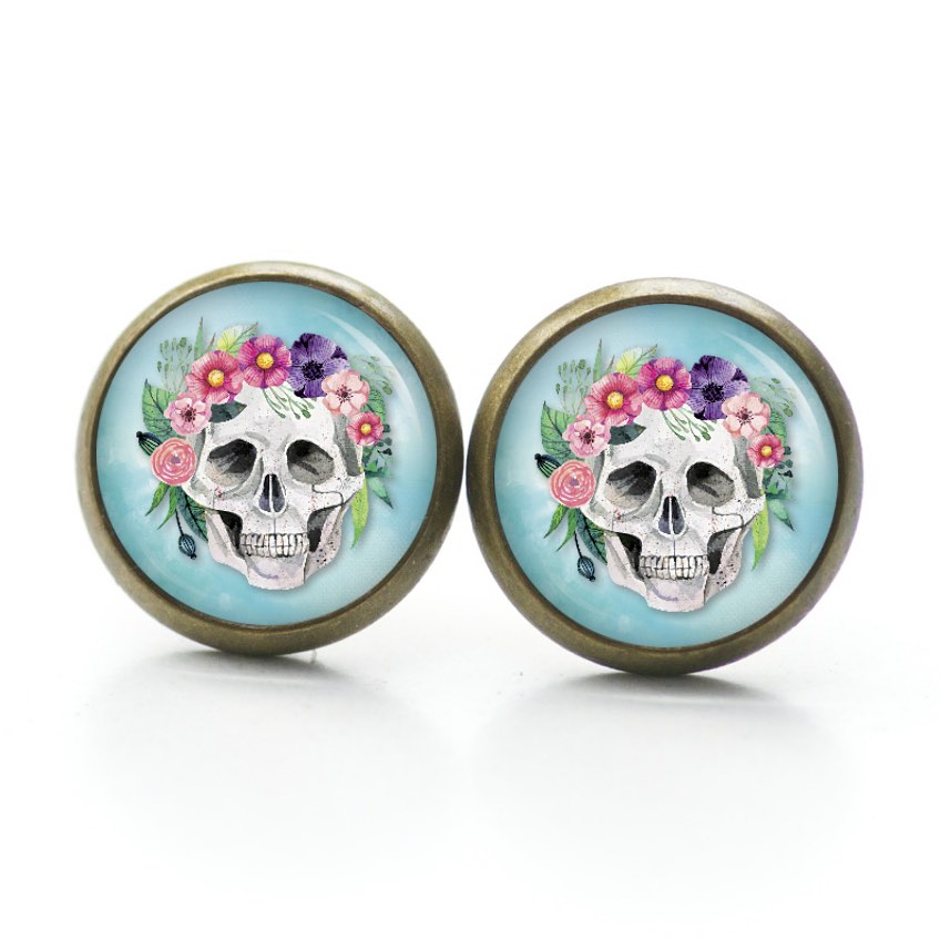 Ohrstecker, Ohrhänger, Clipse & Druckknopf – Motiv Totenkopf mit Blumen Frühling Türkis – Schmuck aus Edelstahl Ohrstecker, Ohrhänger, Clipse & Druckknopf – Motiv Totenkopf mit Blumen Frühling Türkis – Schmuck aus Edelstahl