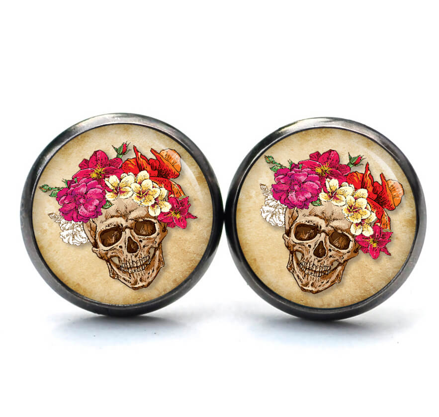 Ohrstecker, Ohrhänger, Clipse & Druckknopf – Motiv Totenkopf mit Blumen Frühling beige – Schmuck aus Edelstahl Ohrstecker, Ohrhänger, Clipse & Druckknopf – Motiv Totenkopf mit Blumen Frühling beige – Schmuck aus Edelstahl