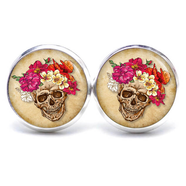 Ohrstecker, Ohrhänger, Clipse & Druckknopf – Motiv Totenkopf mit Blumen Frühling beige – Schmuck aus Edelstahl Ohrstecker, Ohrhänger, Clipse & Druckknopf – Motiv Totenkopf mit Blumen Frühling beige – Schmuck aus Edelstahl