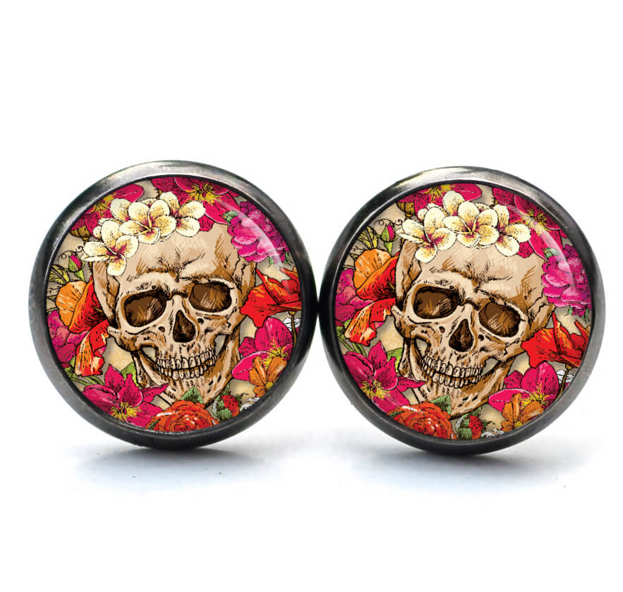 Ohrstecker, Ohrhänger, Clipse & Druckknopf – Motiv Totenkopf mit Blumen Frühling Bunt – Schmuck aus Edelstahl Ohrstecker, Ohrhänger, Clipse & Druckknopf – Motiv Totenkopf mit Blumen Frühling Bunt – Schmuck aus Edelstahl