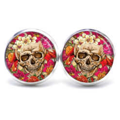 Ohrstecker, Ohrhänger, Clipse & Druckknopf – Motiv Totenkopf mit Blumen Frühling Bunt – Schmuck aus Edelstahl