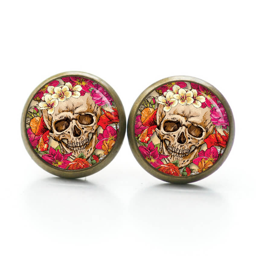 Ohrstecker, Ohrhänger, Clipse & Druckknopf – Motiv Totenkopf mit Blumen Frühling Bunt – Schmuck aus Edelstahl Ohrstecker, Ohrhänger, Clipse & Druckknopf – Motiv Totenkopf mit Blumen Frühling Bunt – Schmuck aus Edelstahl