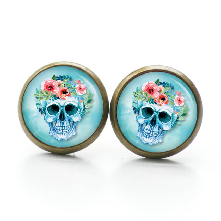 Ohrstecker, Ohrhänger, Clipse & Druckknopf – Motiv Totenkopf mit Blumen Frühling Türkis – Schmuck aus Edelstahl Ohrstecker, Ohrhänger, Clipse & Druckknopf – Motiv Totenkopf mit Blumen Frühling Türkis – Schmuck aus Edelstahl