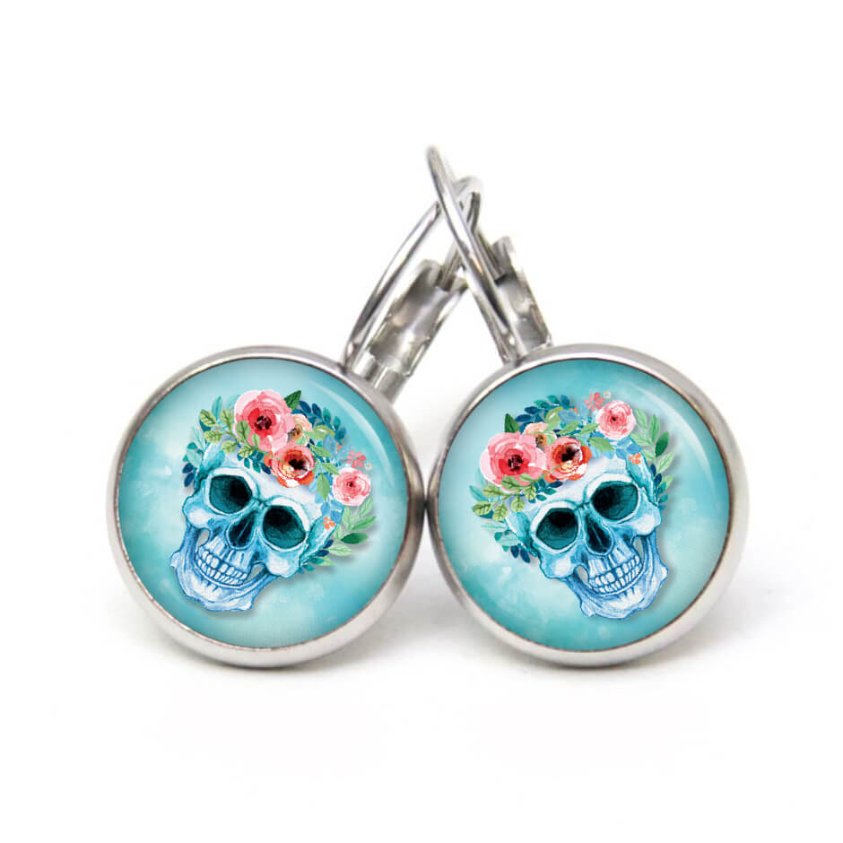 Ohrstecker, Ohrhänger, Clipse & Druckknopf – Motiv Totenkopf mit Blumen Frühling Türkis – Schmuck aus Edelstahl Ohrstecker, Ohrhänger, Clipse & Druckknopf – Motiv Totenkopf mit Blumen Frühling Türkis – Schmuck aus Edelstahl