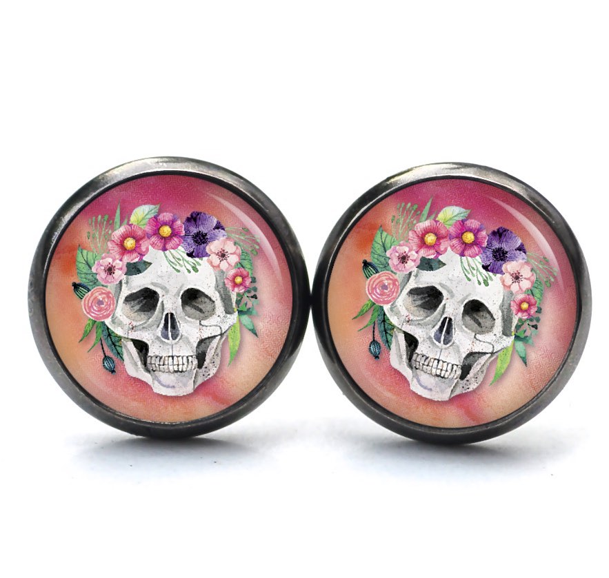 Ohrstecker, Ohrhänger, Clipse & Druckknopf – Motiv Totenkopf mit Blumen Frühling Rosarot – Schmuck aus Edelstahl Ohrstecker, Ohrhänger, Clipse & Druckknopf – Motiv Totenkopf mit Blumen Frühling Rosarot – Schmuck aus Edelstahl