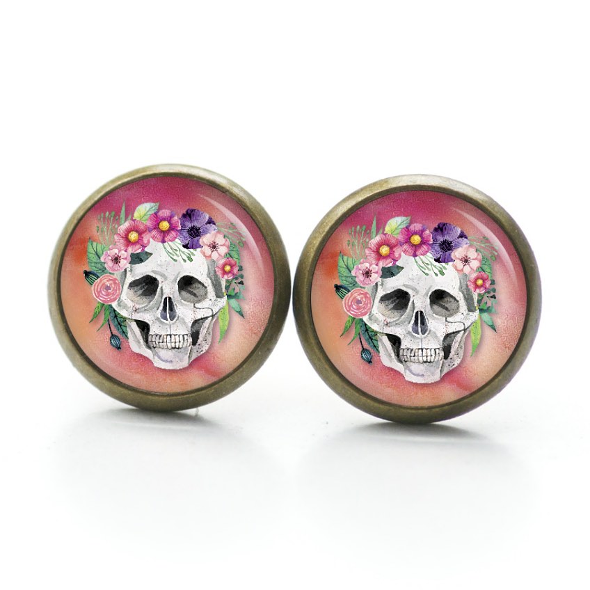 Ohrstecker, Ohrhänger, Clipse & Druckknopf – Motiv Totenkopf mit Blumen Frühling Rosarot – Schmuck aus Edelstahl Ohrstecker, Ohrhänger, Clipse & Druckknopf – Motiv Totenkopf mit Blumen Frühling Rosarot – Schmuck aus Edelstahl