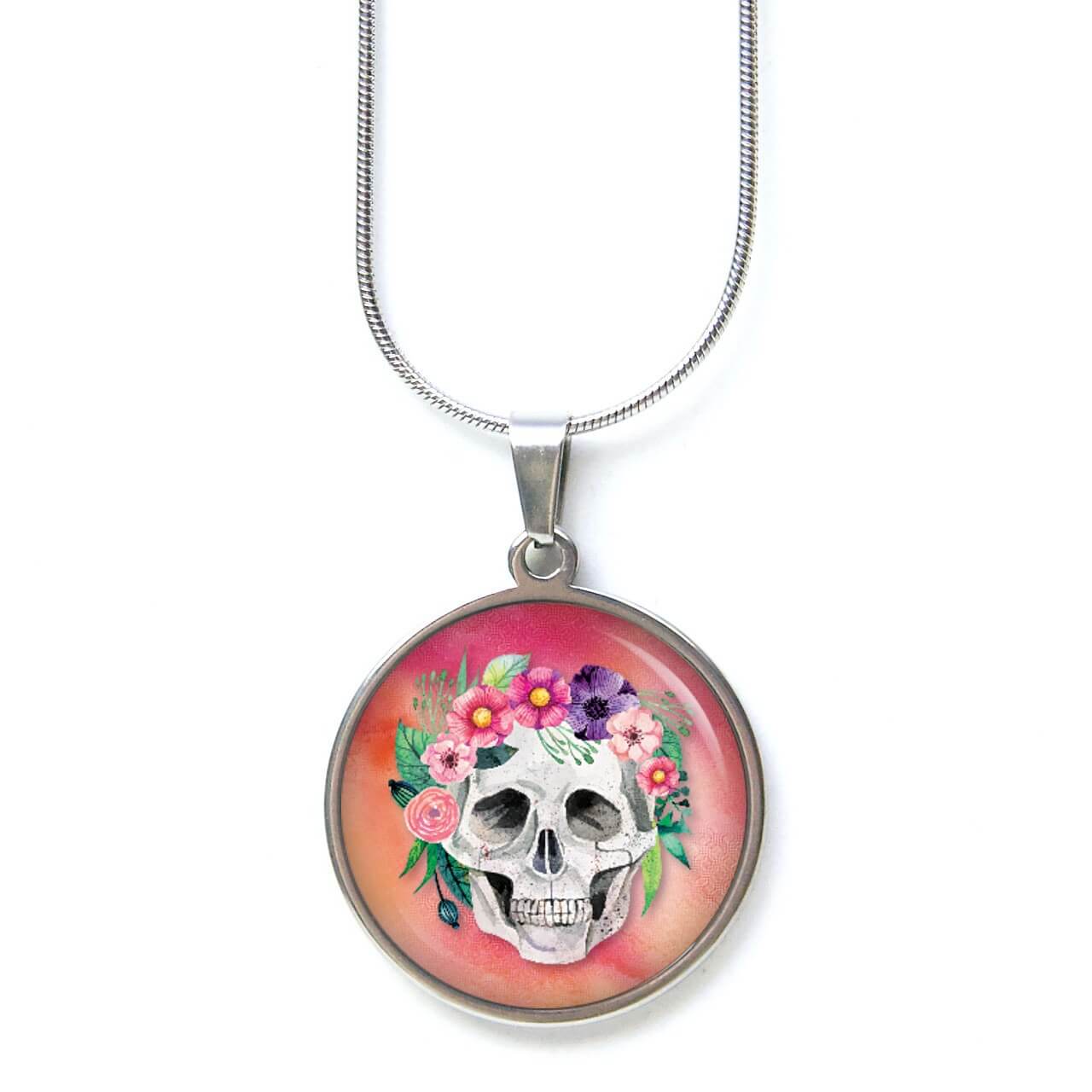 Ohrstecker, Ohrhänger, Clipse & Druckknopf – Motiv Totenkopf mit Blumen Frühling Rosarot – Schmuck aus Edelstahl Ohrstecker, Ohrhänger, Clipse & Druckknopf – Motiv Totenkopf mit Blumen Frühling Rosarot – Schmuck aus Edelstahl