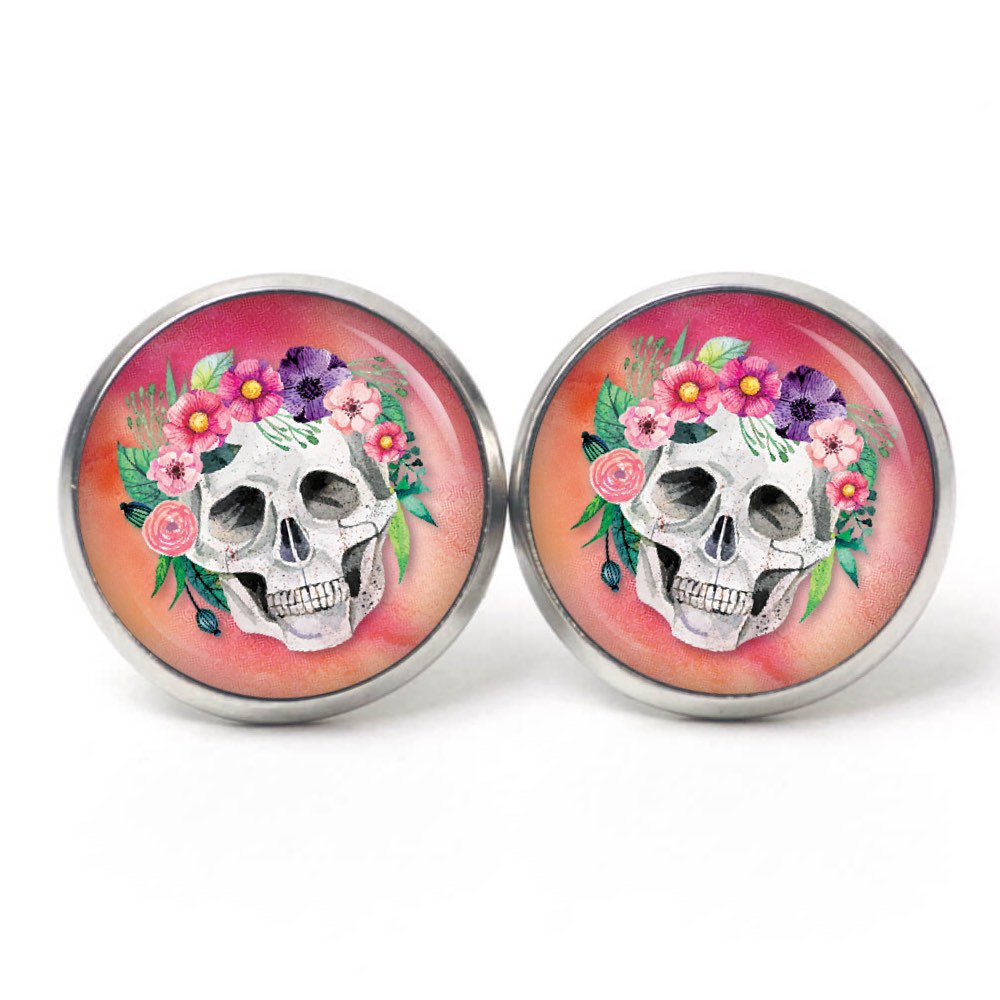 Ohrstecker, Ohrhänger, Clipse & Druckknopf – Motiv Totenkopf mit Blumen Frühling Rosarot – Schmuck aus Edelstahl Ohrstecker, Ohrhänger, Clipse & Druckknopf – Motiv Totenkopf mit Blumen Frühling Rosarot – Schmuck aus Edelstahl