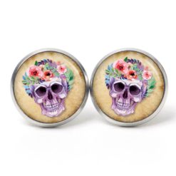 Ohrstecker, Ohrhänger, Clipse & Druckknopf – Motiv lila Totenkopf mit Blumen Frühling beige – Schmuck aus Edelstahl