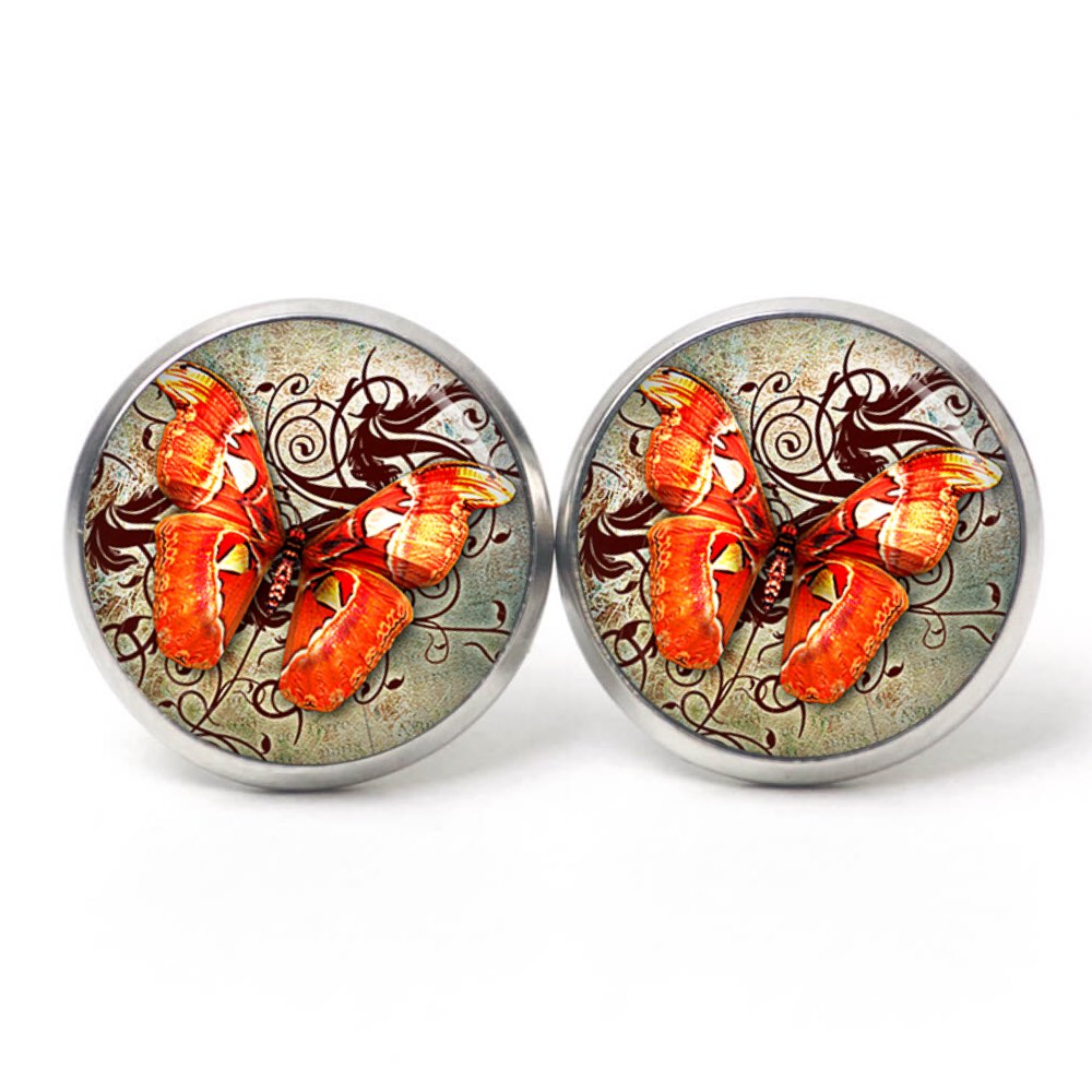 Ohrstecker, Ohrhänger, Clipse & Druckknopf – Motiv oranger Schmetterling – Schmuck aus Edelstahl Ohrstecker, Ohrhänger, Clipse & Druckknopf – Motiv oranger Schmetterling – Schmuck aus Edelstahl