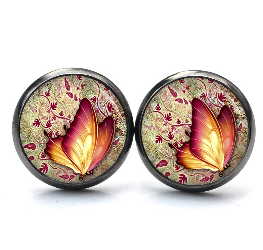 Ohrstecker, Ohrhänger, Clipse & Druckknopf – Motiv weinrot gelber Schmetterling – Schmuck aus Edelstahl Ohrstecker, Ohrhänger, Clipse & Druckknopf – Motiv weinrot gelber Schmetterling – Schmuck aus Edelstahl
