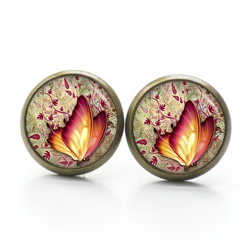 Ohrstecker, Ohrhänger, Clipse & Druckknopf – Motiv weinrot gelber Schmetterling – Schmuck aus Edelstahl Ohrstecker, Ohrhänger, Clipse & Druckknopf – Motiv weinrot gelber Schmetterling – Schmuck aus Edelstahl