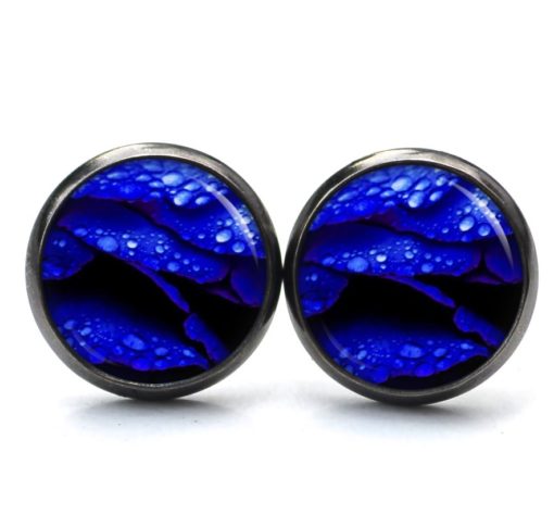 Druckknopf Ohrstecker Ohrhänger Clipse blaue Rosenblätter mit Wasser