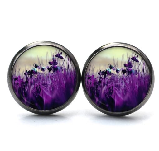 Druckknopf Ohrstecker Ohrhänger Clipse violette Wiese mit Blumen