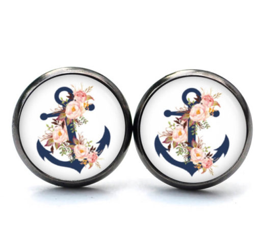 Druckknopf Ohrstecker Ohrhänger Clipse blauer Anker mit Rosen