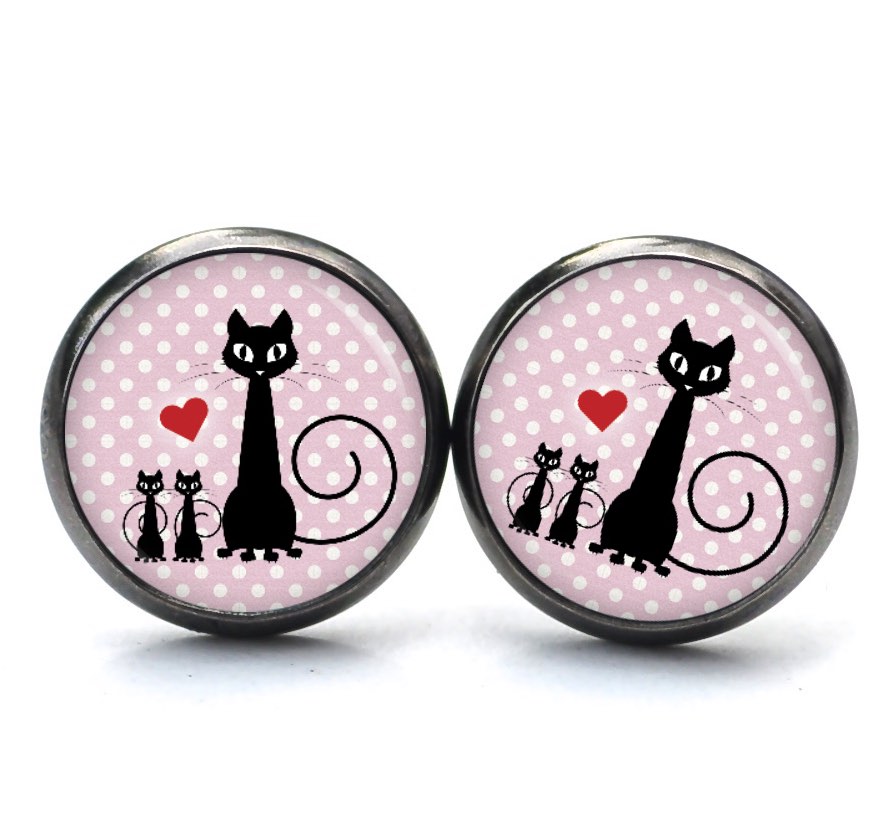 Ohrstecker, Ohrhänger, Clipse & Druckknopf – Motiv schwarze Katze mit Kitten – Schmuck aus Edelstahl Ohrstecker, Ohrhänger, Clipse & Druckknopf – Motiv schwarze Katze mit Kitten – Schmuck aus Edelstahl