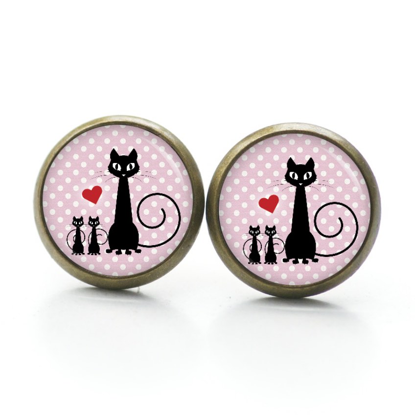 Ohrstecker, Ohrhänger, Clipse & Druckknopf – Motiv schwarze Katze mit Kitten – Schmuck aus Edelstahl Ohrstecker, Ohrhänger, Clipse & Druckknopf – Motiv schwarze Katze mit Kitten – Schmuck aus Edelstahl