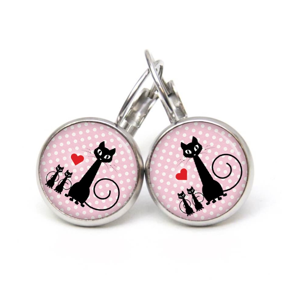 Ohrstecker, Ohrhänger, Clipse & Druckknopf – Motiv schwarze Katze mit Kitten – Schmuck aus Edelstahl Ohrstecker, Ohrhänger, Clipse & Druckknopf – Motiv schwarze Katze mit Kitten – Schmuck aus Edelstahl