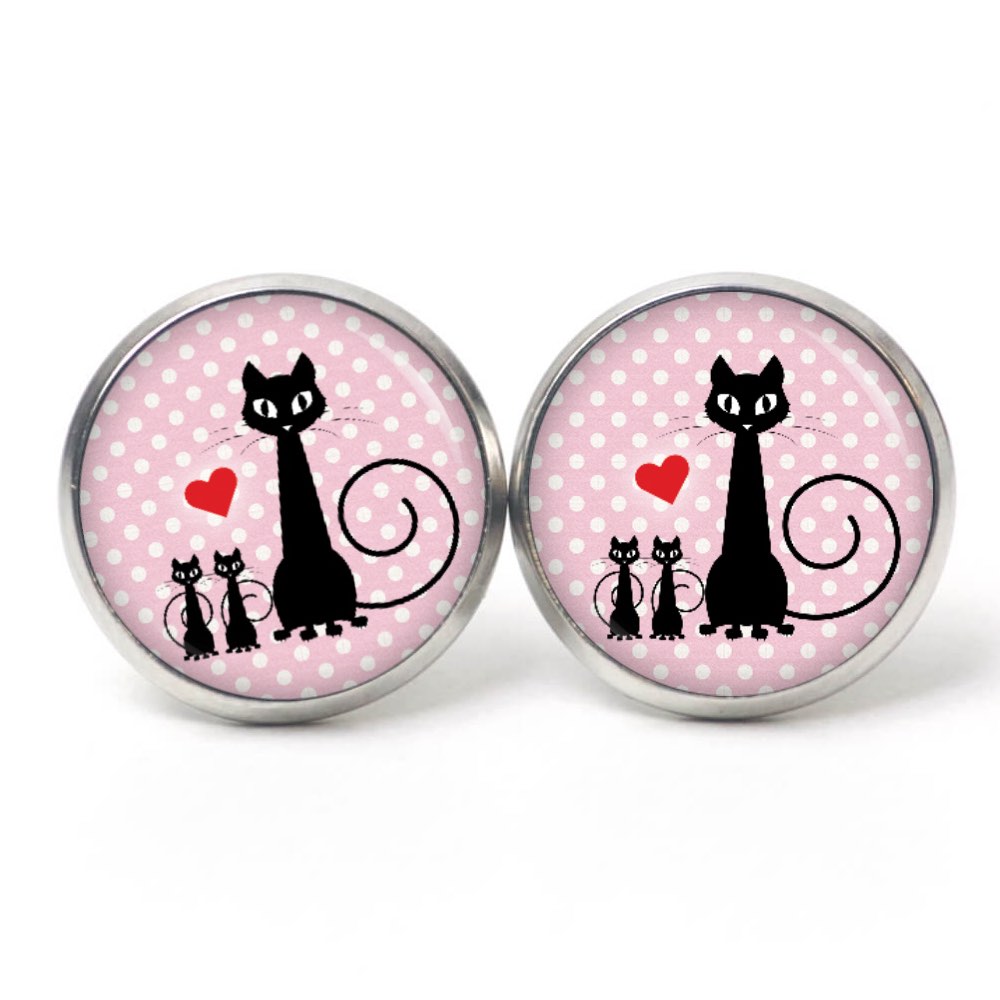 Ohrstecker, Ohrhänger, Clipse & Druckknopf – Motiv schwarze Katze mit Kitten – Schmuck aus Edelstahl Ohrstecker, Ohrhänger, Clipse & Druckknopf – Motiv schwarze Katze mit Kitten – Schmuck aus Edelstahl
