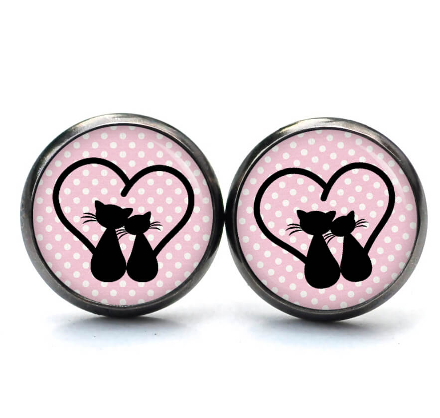 Ohrstecker, Ohrhänger, Clipse & Druckknopf – Motiv schwarze Katzen mit Herz – Schmuck aus Edelstahl Ohrstecker, Ohrhänger, Clipse & Druckknopf – Motiv schwarze Katzen mit Herz – Schmuck aus Edelstahl