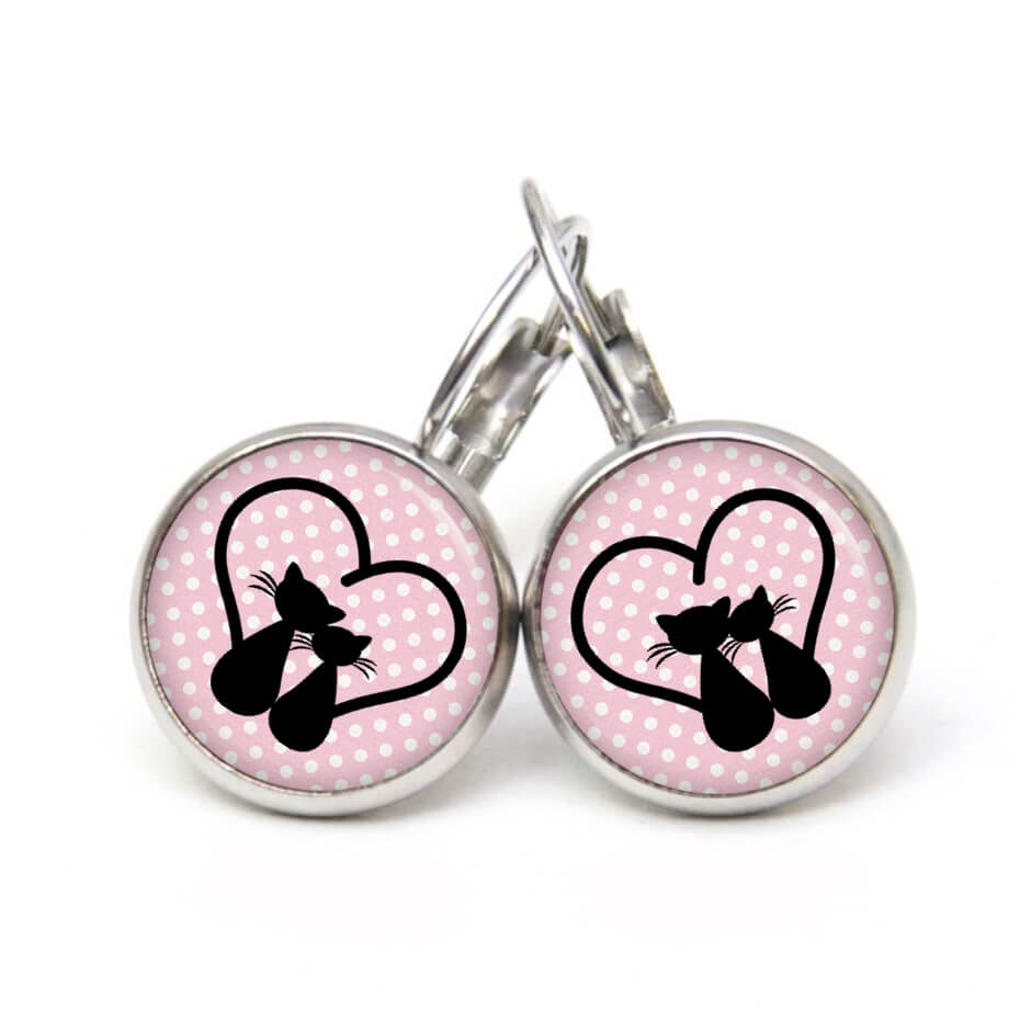 Ohrstecker, Ohrhänger, Clipse & Druckknopf – Motiv schwarze Katzen mit Herz – Schmuck aus Edelstahl Ohrstecker, Ohrhänger, Clipse & Druckknopf – Motiv schwarze Katzen mit Herz – Schmuck aus Edelstahl