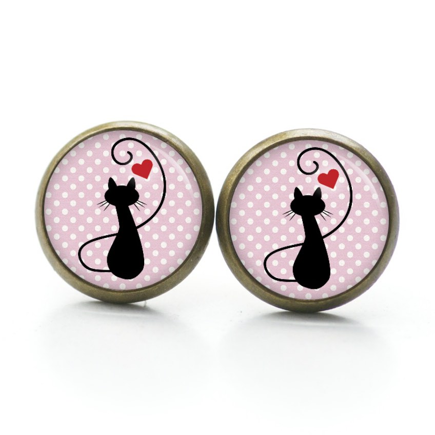 Ohrstecker, Ohrhänger, Clipse & Druckknopf – Motiv schwarze Katze mit Herz – Schmuck aus Edelstahl Ohrstecker, Ohrhänger, Clipse & Druckknopf – Motiv schwarze Katze mit Herz – Schmuck aus Edelstahl