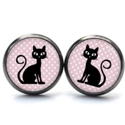 Ohrringe schwarz rosa Katze - Edelstahl