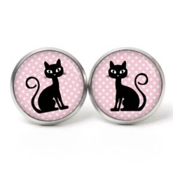 Ohrstecker, Ohrhänger, Clipse & Druckknopf – Motiv schwarz rosa Katze – Schmuck aus Edelstahl