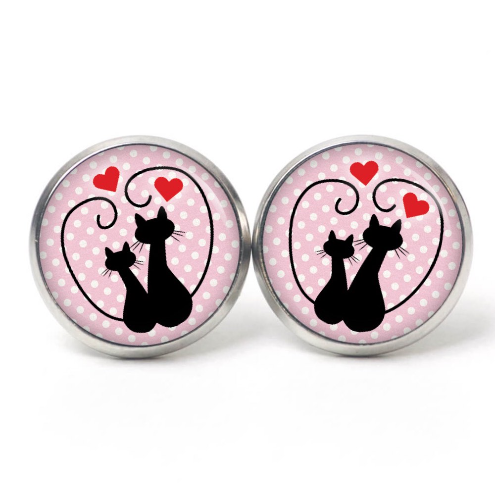 Ohrstecker, Ohrhänger, Clipse & Druckknopf – Motiv verliebte Katzen schwarz rosa – Schmuck aus Edelstahl Ohrstecker, Ohrhänger, Clipse & Druckknopf – Motiv verliebte Katzen schwarz rosa – Schmuck aus Edelstahl