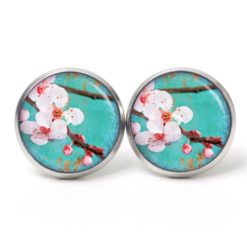 Druckknopf Ohrstecker Ohrhänger weiße japanische Blumen Frühling Türkis