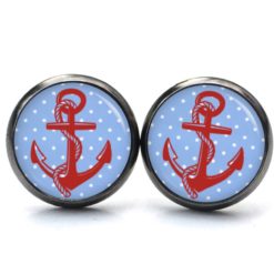 Druckknopf Ohrstecker Ohrhänger Clipse Anker hellblau und rot mit Pünktchen