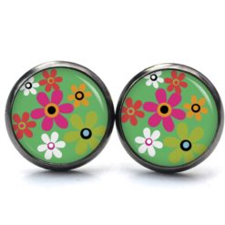 Druckknopf Ohrstecker Ohrhänger Hippie Blumen bunt mit grün 70er Jahre