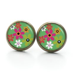 Druckknopf Ohrstecker Ohrhänger Hippie Blumen bunt mit grün 70er Jahre