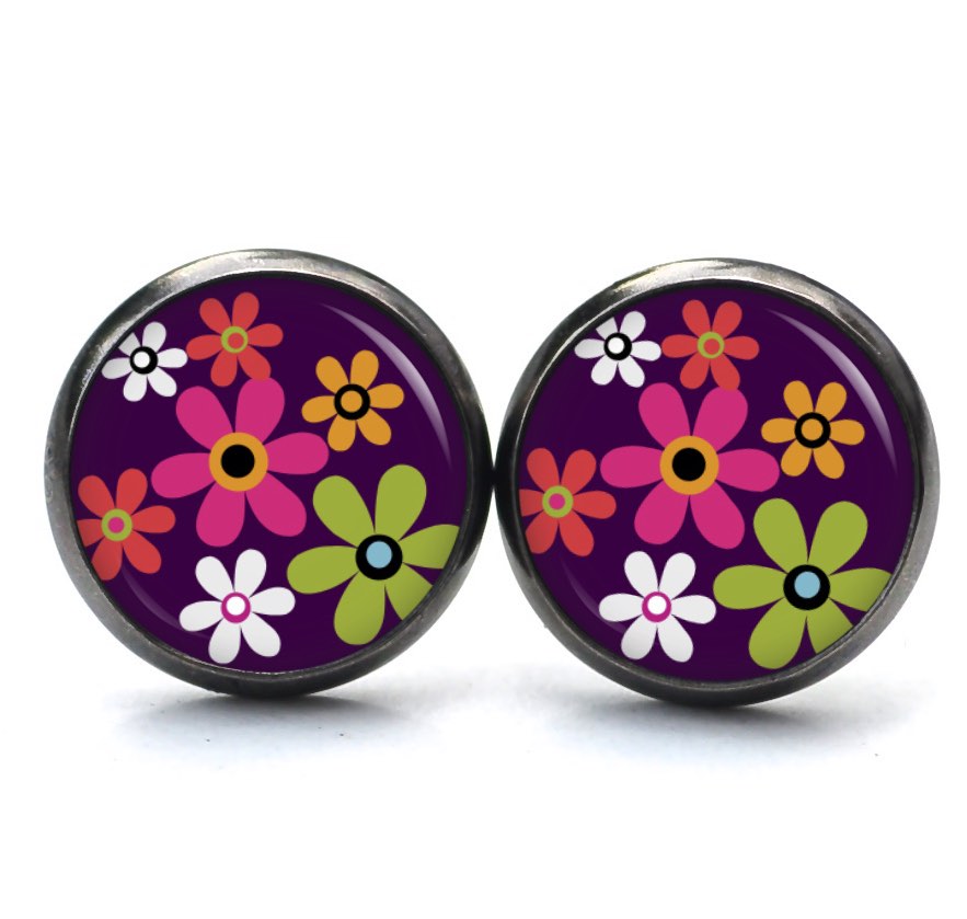 Druckknopf Ohrstecker Ohrhänger Hippie Blumen bunt mit violett Druckknopf Ohrstecker Ohrhänger Hippie Blumen bunt mit violett