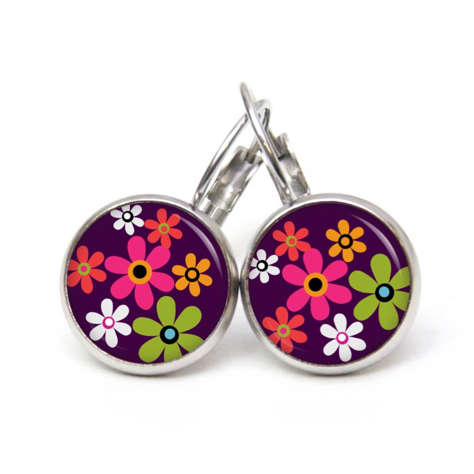 Druckknopf Ohrstecker Ohrhänger Hippie Blumen bunt mit violett Druckknopf Ohrstecker Ohrhänger Hippie Blumen bunt mit violett