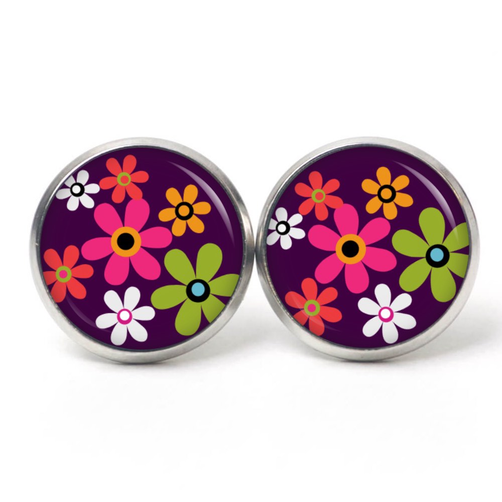 Druckknopf Ohrstecker Ohrhänger Hippie Blumen bunt mit violett Druckknopf Ohrstecker Ohrhänger Hippie Blumen bunt mit violett