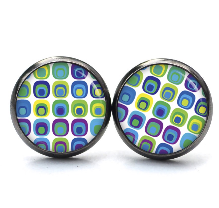 Ohrstecker, Ohrhänger, Clipse & Druckknopf – Motiv Retro türkis gelb und grün – Schmuck aus Edelstahl Ohrstecker, Ohrhänger, Clipse & Druckknopf – Motiv Retro türkis gelb und grün – Schmuck aus Edelstahl