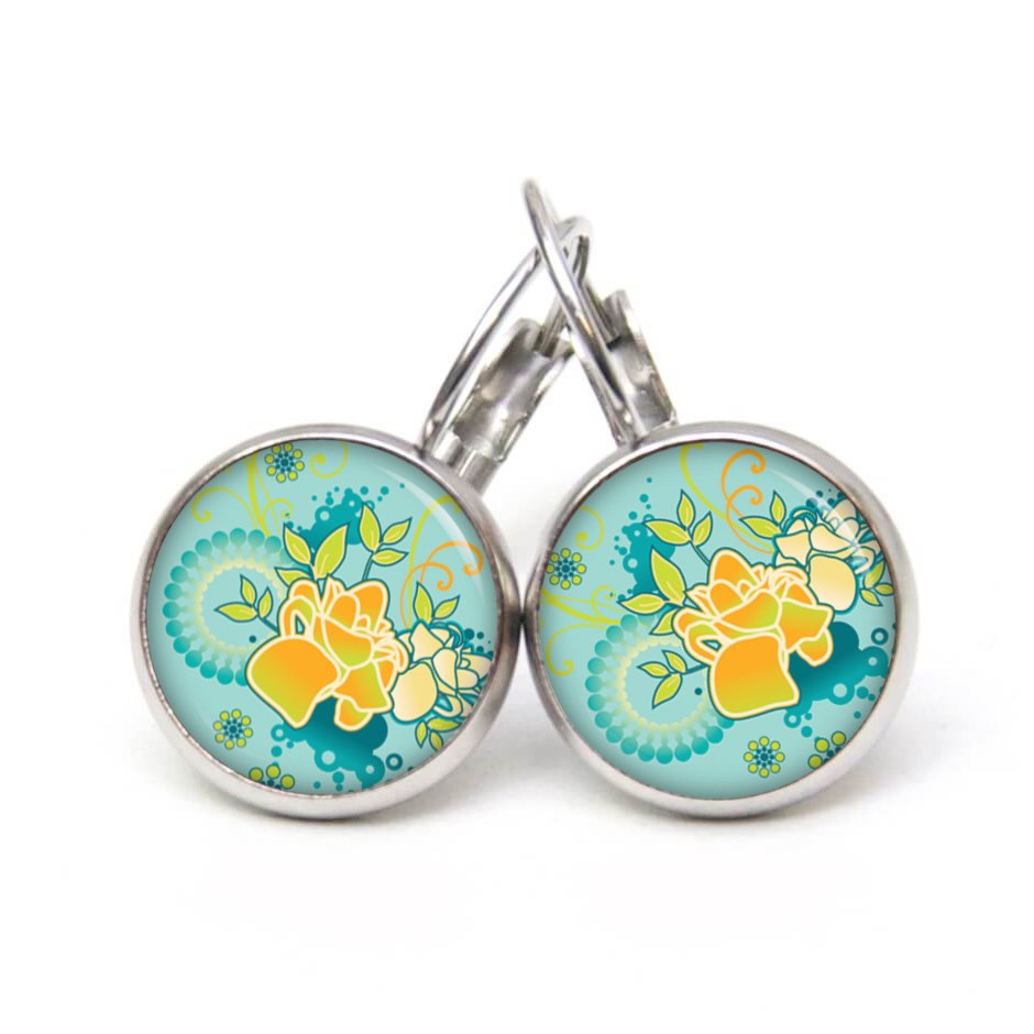 Ohrstecker, Ohrhänger, Clipse & Druckknopf – Motiv türkis gelbe Blumen – Schmuck aus Edelstahl Ohrstecker, Ohrhänger, Clipse & Druckknopf – Motiv türkis gelbe Blumen – Schmuck aus Edelstahl
