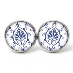 Ohrstecker, Ohrhänger, Clipse & Druckknopf – Motiv weiß blaues Ornament – Schmuck aus Edelstahl