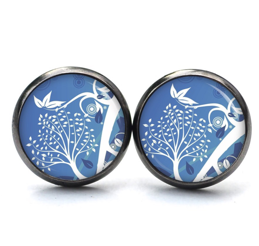 Ohrstecker Ohrhänger Clipse Druckknopf zarter Baum im Wind blau weiß Ohrstecker Ohrhänger Clipse Druckknopf zarter Baum im Wind blau weiß