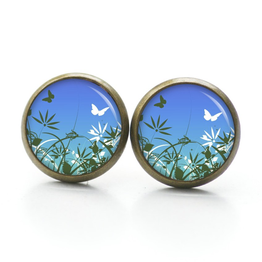 Ohrstecker Ohrhänger Clipse Druckknopf Blumenwiese mit Schmetterling Ohrstecker Ohrhänger Clipse Druckknopf Blumenwiese mit Schmetterling