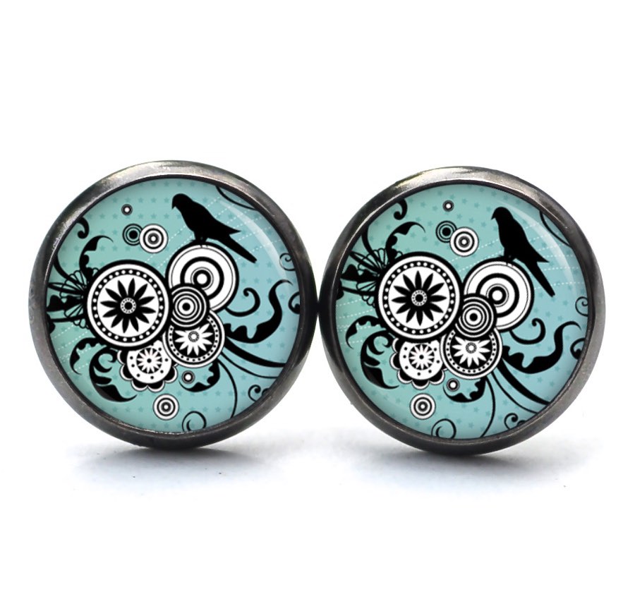 Ohrstecker Ohrhänger Clipse Druckknopf schwarz weißes Ornament mit einem Vogel Ohrstecker Ohrhänger Clipse Druckknopf schwarz weißes Ornament mit einem Vogel