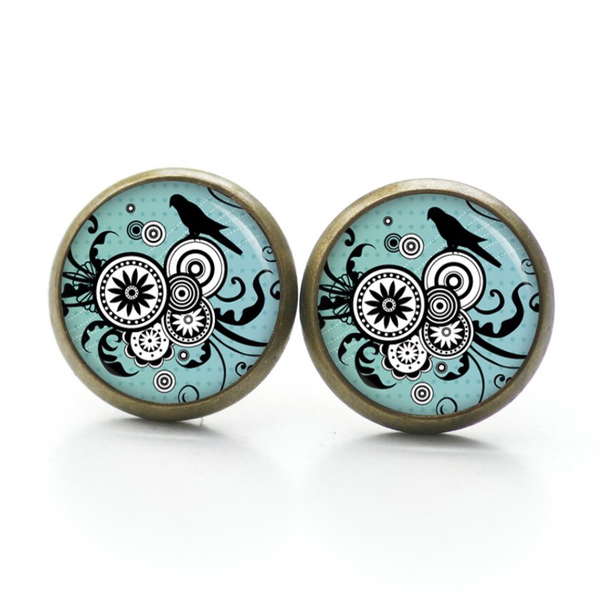 Ohrstecker Ohrhänger Clipse Druckknopf schwarz weißes Ornament mit einem Vogel Ohrstecker Ohrhänger Clipse Druckknopf schwarz weißes Ornament mit einem Vogel