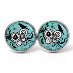 Ohrstecker Ohrhänger Clipse Druckknopf schwarz weißes Ornament mit einem Vogel