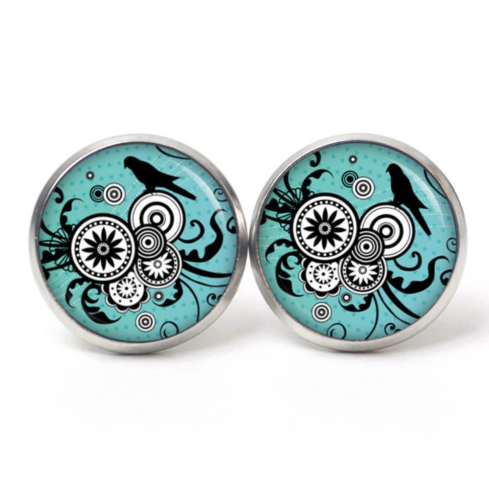 Ohrstecker Ohrhänger Clipse Druckknopf schwarz weißes Ornament mit einem Vogel Ohrstecker Ohrhänger Clipse Druckknopf schwarz weißes Ornament mit einem Vogel