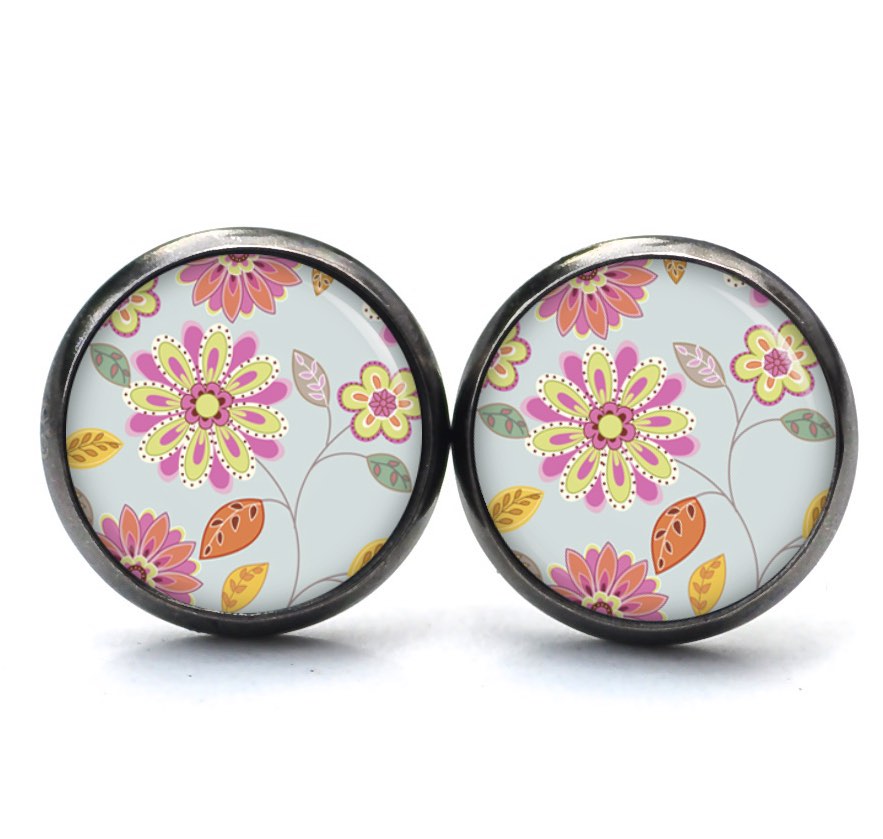 Ohrstecker Ohrhänger Clipse Druckknopf türkis rosa Blumen im Vintage Stil Ohrstecker Ohrhänger Clipse Druckknopf türkis rosa Blumen im Vintage Stil