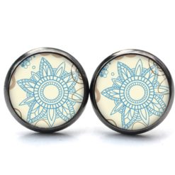 Druckknopf Ohrstecker Ohrhänger Clipse große türkise Blume im Vintage Stil